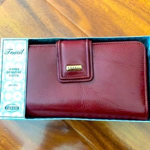 Fossil Red Leather Zip Around Clutch